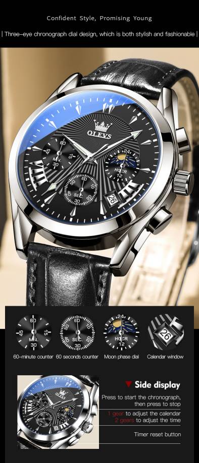 OLEVS 2876 Men Watch Brown Leather Classic Analog Quartz Watch Week Date Casual Luminous Black/Blue/White Dial 3ATM Waterproof Wrist Watch