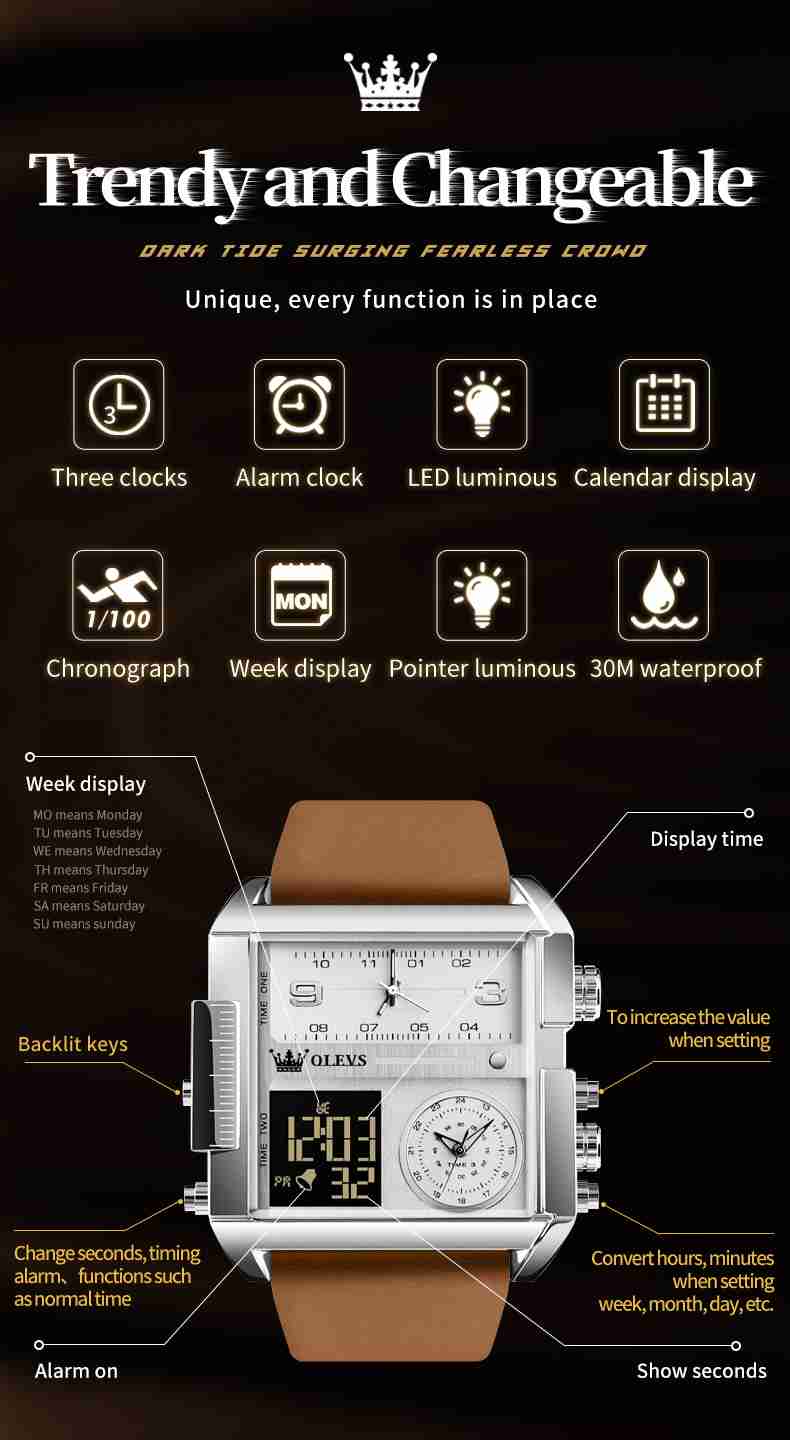 OLEVS 1101 Men's Sport Watch: Large Dial Digital And Analog Quartz Wristwatch With LED Square Multi-Time Zone Business Waterproof Stopwatch