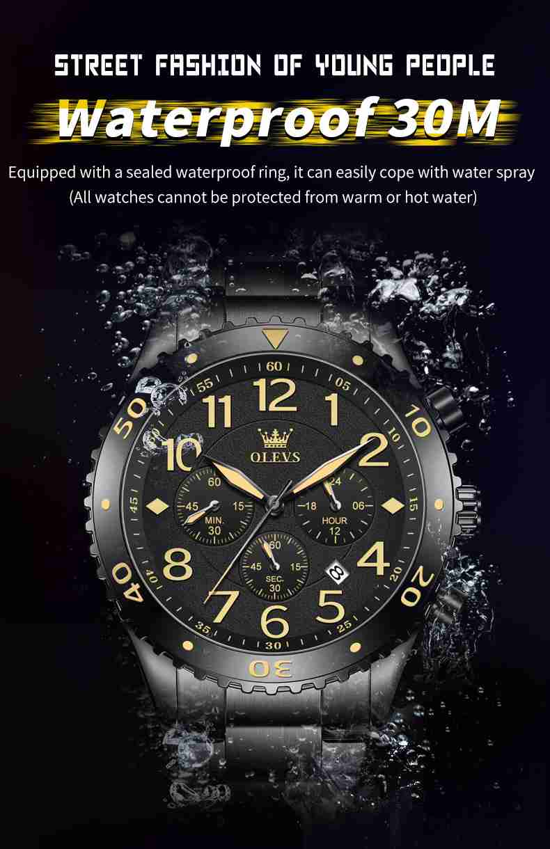 OLEVS 9969 Men's Quartz Watch With Chronograph, Roman Numeral, 24-Hour, Date Display, Luminous, 3ATM Water Resistance