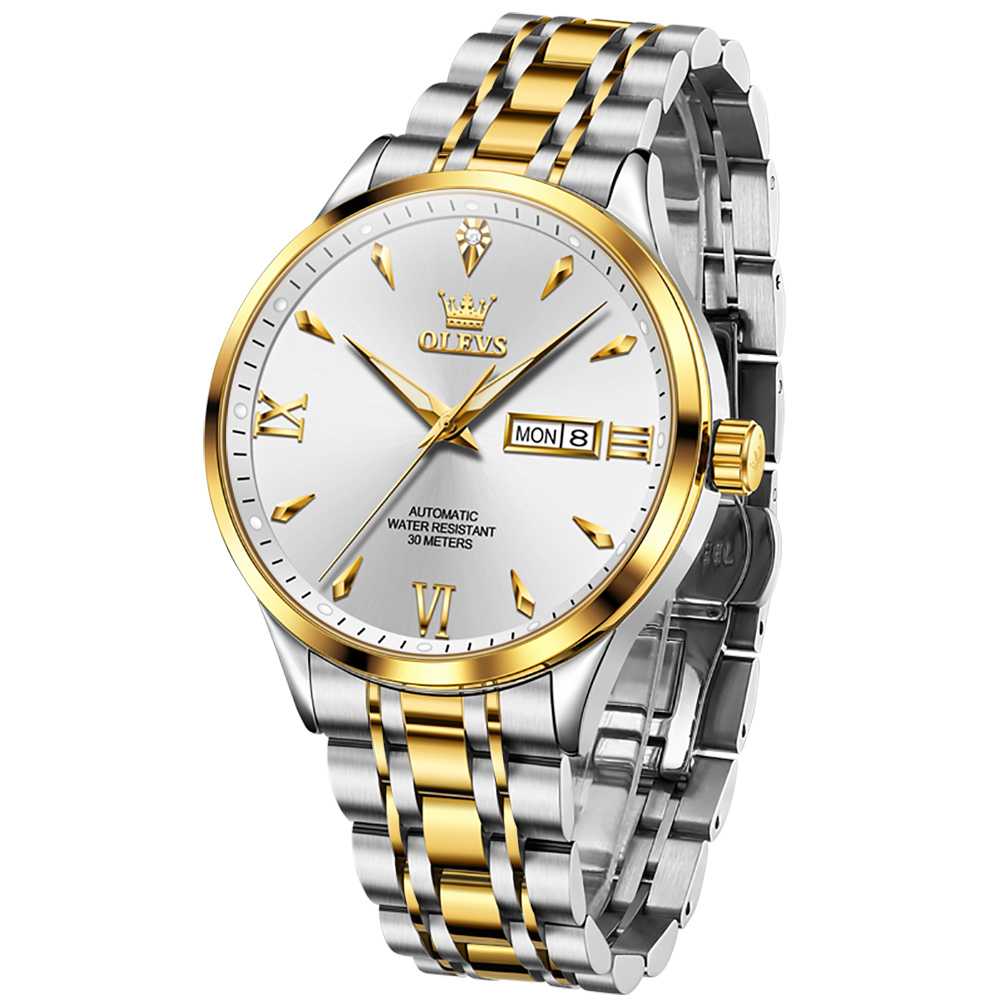 OLEVS 9956 Men's Automatic Self-Winding Mechanical Luxury Business Dress Watch - Stainless Steel, Waterproof, Luminous, Day-Date Feature