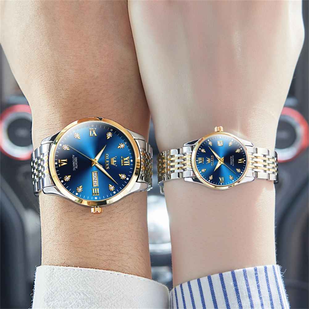 OLEVS 6673 Couple Mechanical Stainless Steel Watch, Diamond Face, Business Style