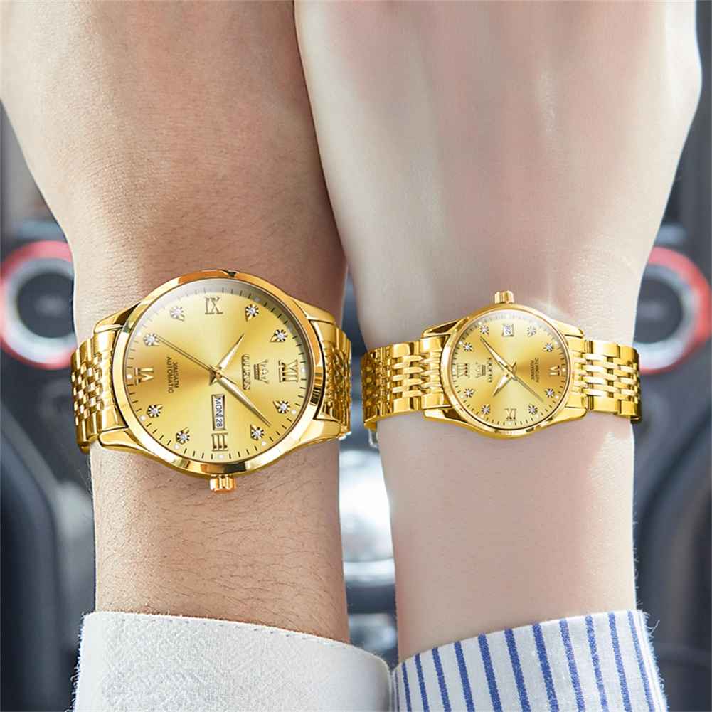 OLEVS 6673 Couple Mechanical Stainless Steel Watch, Diamond Face, Business Style