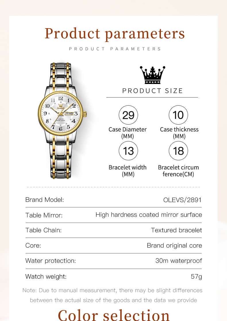 OLEVS 2891 Montre habillée de luxe pour femme – Quartz, acier inoxydable, étanche, lumineuse, date, accent diamant, design professionnel bicolore