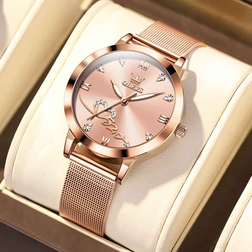 OLEVS 5530 Women's Rose Gold Watches Diamond Girls Ladies Wristwatch Mesh Belt Watch And Bracelet Set Valentines Gifts