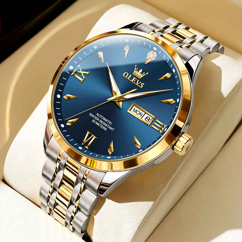 OLEVS 9956 Men's Automatic Self-Winding Mechanical Luxury Business Dress Watch - Stainless Steel, Waterproof, Luminous, Day-Date Feature