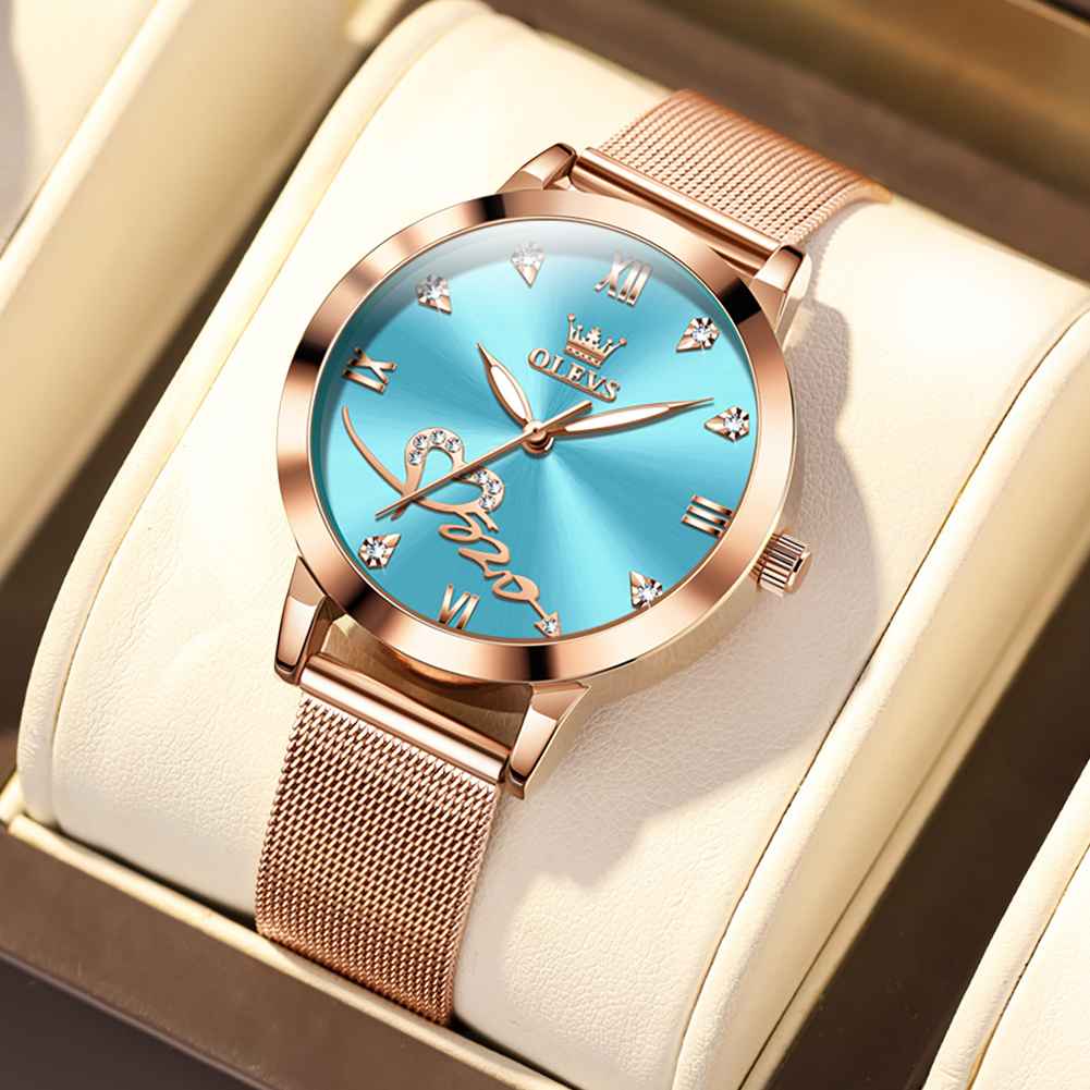 OLEVS 5530 Women's Rose Gold Watches Diamond Girls Ladies Wristwatch Mesh Belt Watch And Bracelet Set Valentines Gifts