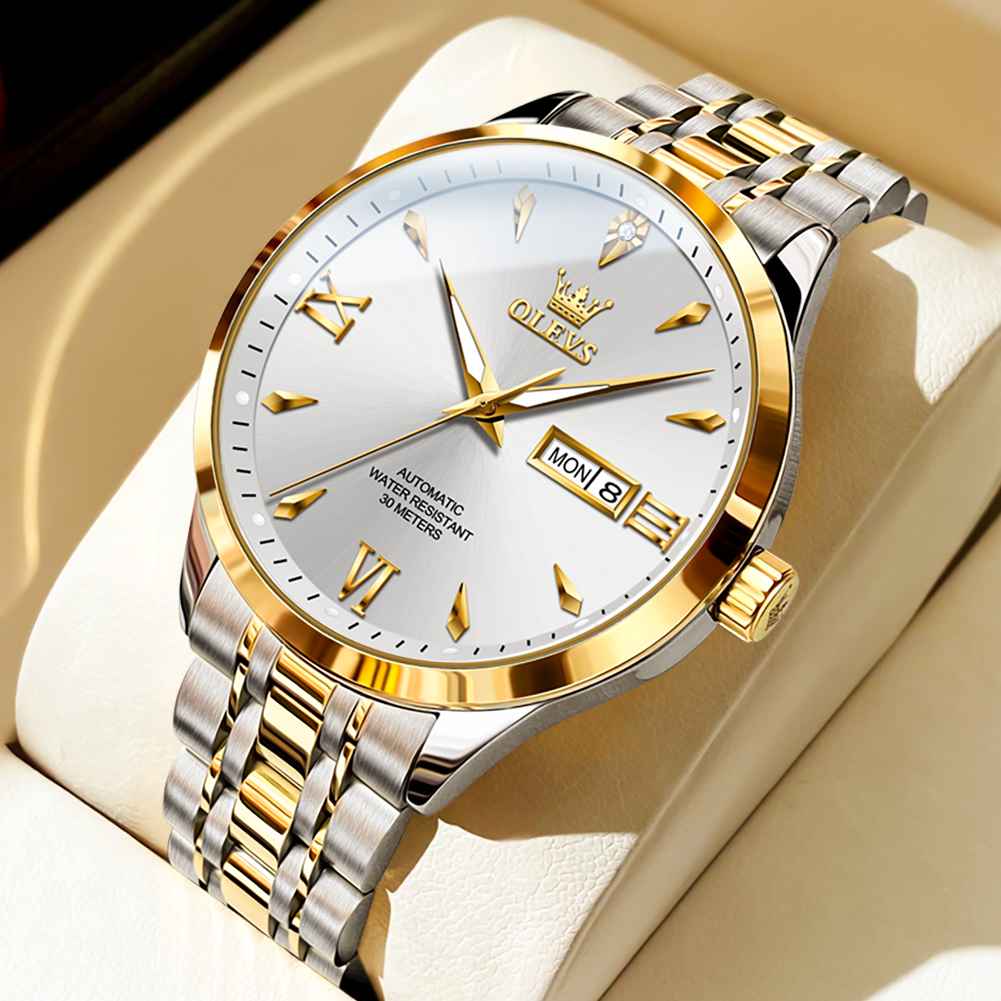 OLEVS 9956 Men's Automatic Self-Winding Mechanical Luxury Business Dress Watch - Stainless Steel, Waterproof, Luminous, Day-Date Feature