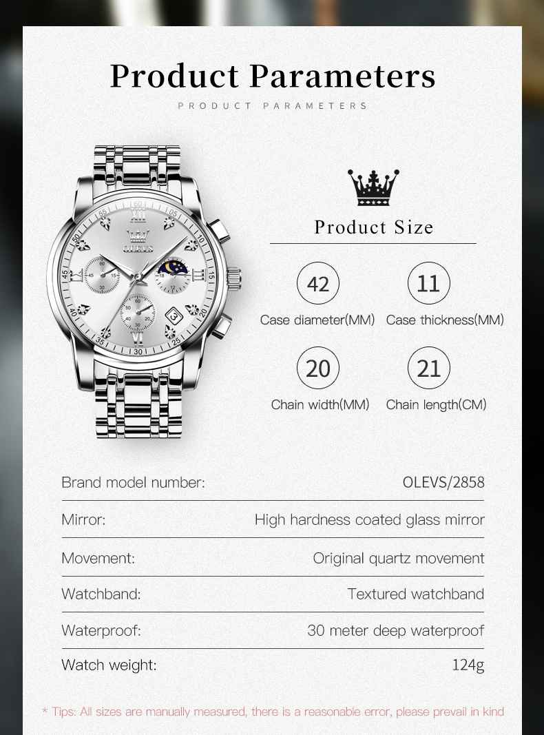 OLEVS 2858 Men's Watch, Business Chronograph Formal Stainless Steel Watch, Pointer Quartz Waterproof Luminous Men's Watch