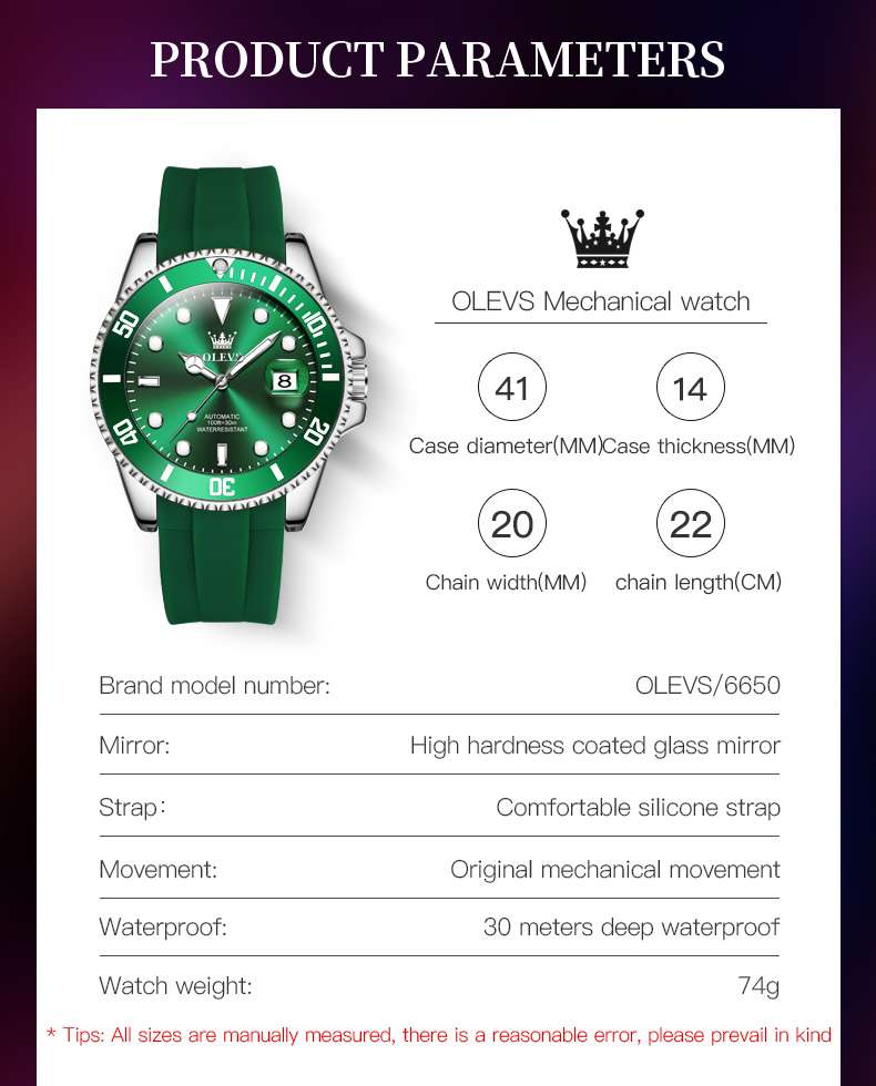 OLEVS 6650 Men's Automatic Chord Mechanical Watch Men's Calendar Silicone Watch Band