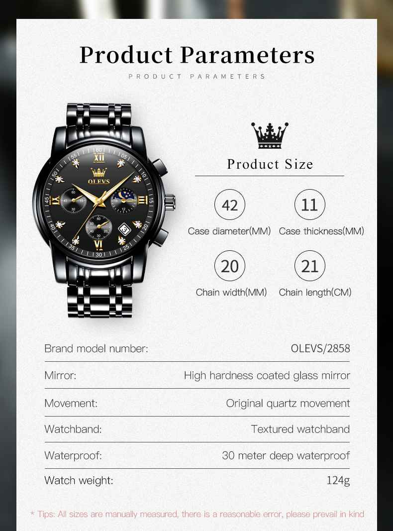 OLEVS 2858 Men's Watch, Business Chronograph Formal Stainless Steel Watch, Pointer Quartz Waterproof Luminous Men's Watch