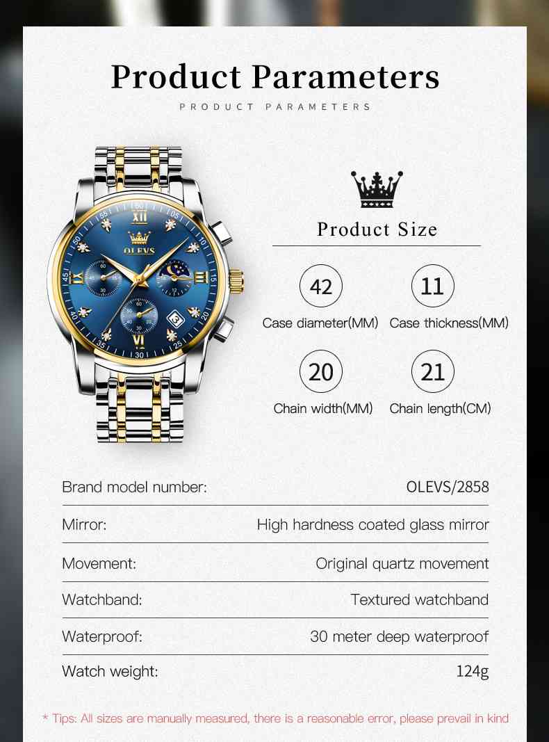 OLEVS 2858 Men's Watch, Business Chronograph Formal Stainless Steel Watch, Pointer Quartz Waterproof Luminous Men's Watch