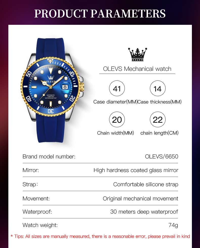 OLEVS 6650 Men's Automatic Chord Mechanical Watch Men's Calendar Silicone Watch Band