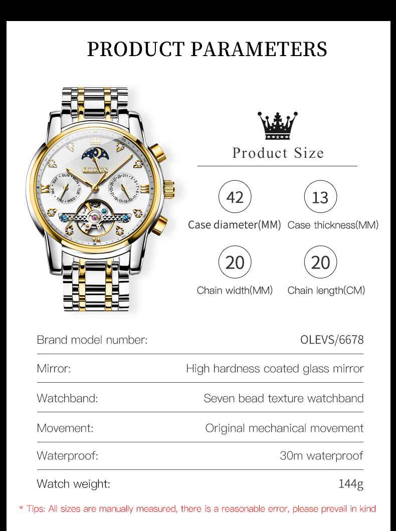 OLEVS 6678 Automatic Watches For Men Gold Luxury Dress Wrist Watch Self Winding Mechanical Skeleton Tourbillon Watch