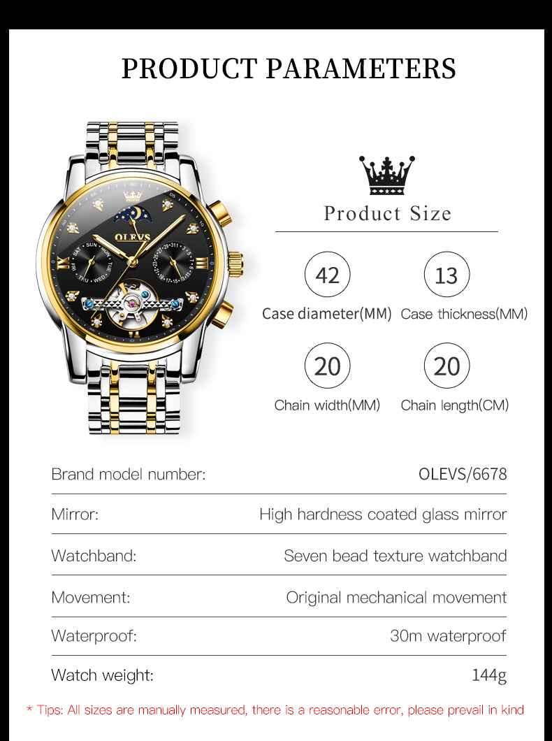 OLEVS 6678 Automatic Watches For Men Gold Luxury Dress Wrist Watch Self Winding Mechanical Skeleton Tourbillon Watch