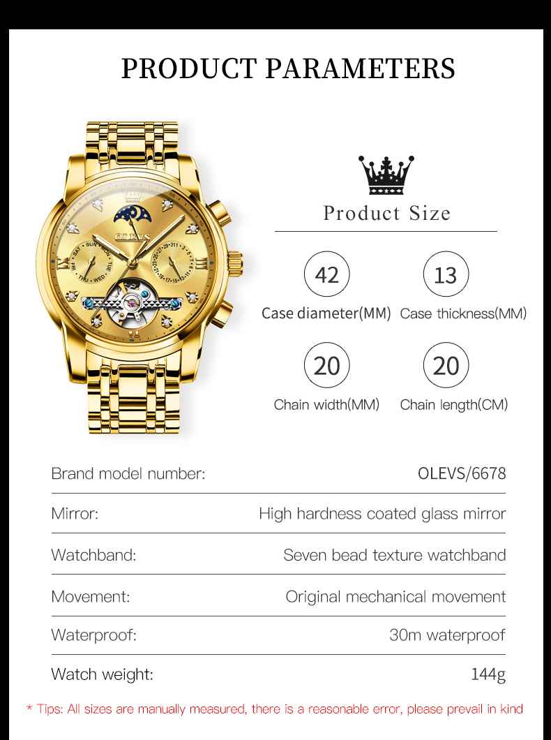 OLEVS 6678 Automatic Watches For Men Gold Luxury Dress Wrist Watch Self Winding Mechanical Skeleton Tourbillon Watch