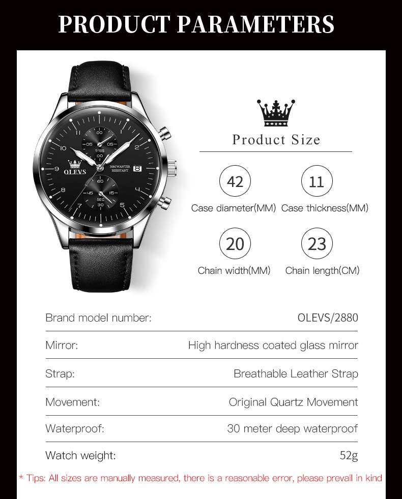 OLEVS 2880 Men's Leather Watch Tourbillon Luxury Dress Watch Chronograph Stopwatch Calendar Waterproof Luminous