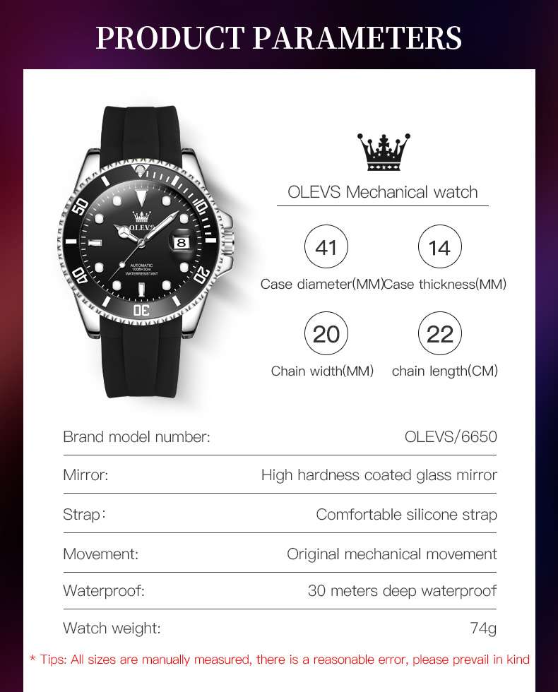 OLEVS 6650 Men's Automatic Chord Mechanical Watch Men's Calendar Silicone Watch Band