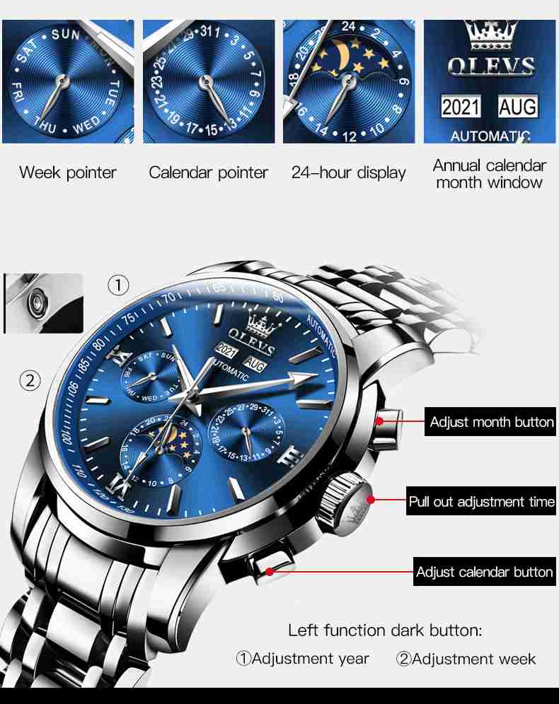 OLEVS 6633 Mens Watches Automatic Luxury Big Face Multi Calendar Stainless Steel Waterproof Luminous Wrist Watch For Men