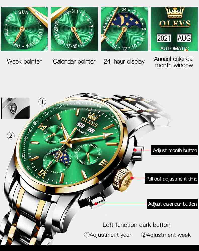 OLEVS 6633 Mens Watches Automatic Luxury Big Face Multi Calendar Stainless Steel Waterproof Luminous Wrist Watch For Men