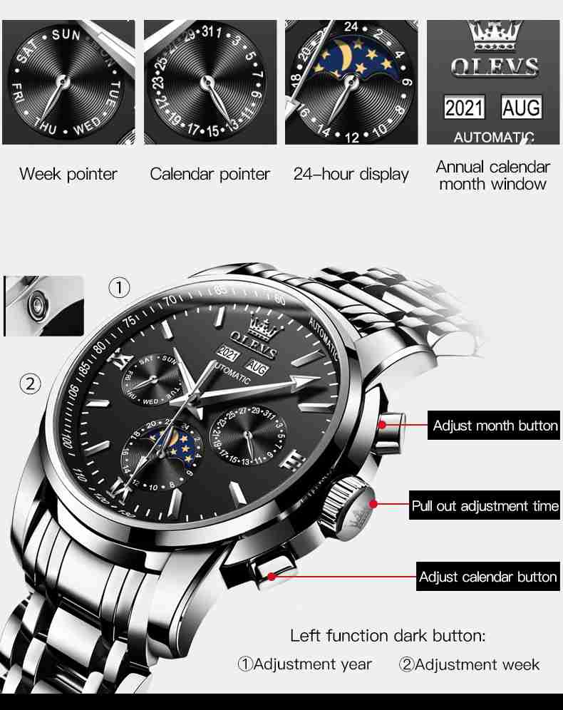 OLEVS 6633 Mens Watches Automatic Luxury Big Face Multi Calendar Stainless Steel Waterproof Luminous Wrist Watch For Men