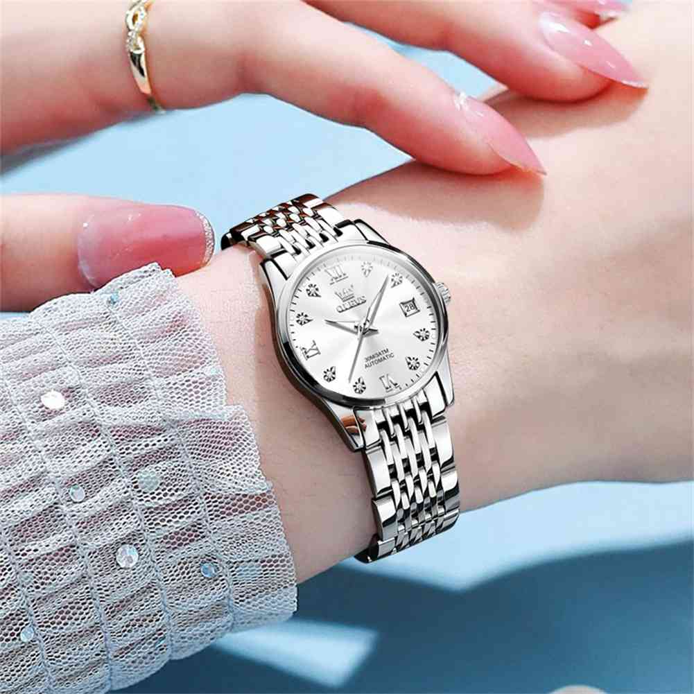 OLEVS 6673 Women's Mechanical Stainless Steel Watch, Diamond Face, Business Style