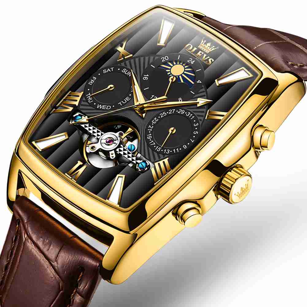 OLEVS 6675 Mechanical Dress Mens Watches Square Brown Skeleton Tourbillion Waterproof Luminous Men's Wrist Watches