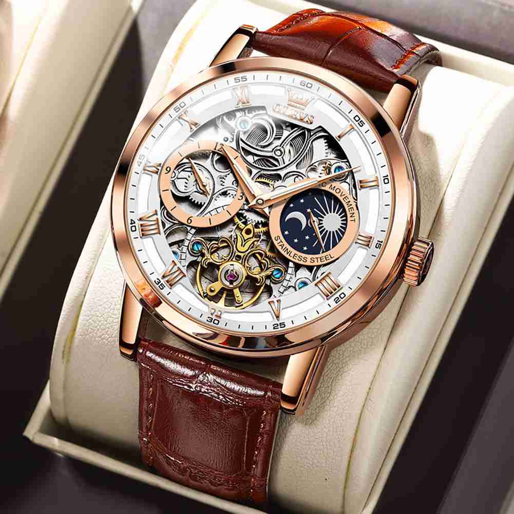 OLEVS 6670 Skeleton Watches For Mens Automatic Mechanical Self Winding Tourbillon Luxury Dress Wrist Watches Waterproof Luminous