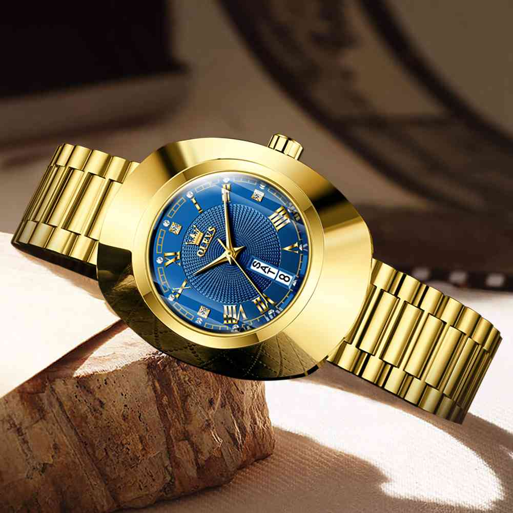 #Color_Gold Strap-Blue Dial Gold Trim