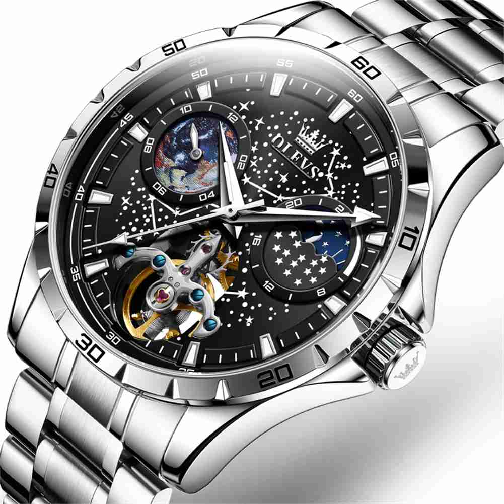 OLEVS 6689 Men's Automatic Skeleton Starry Sky Dial Mechanical Self-Winding Luxury Watch, Stainless Steel Moon Phase, Waterproof, Luminous Wristwatch