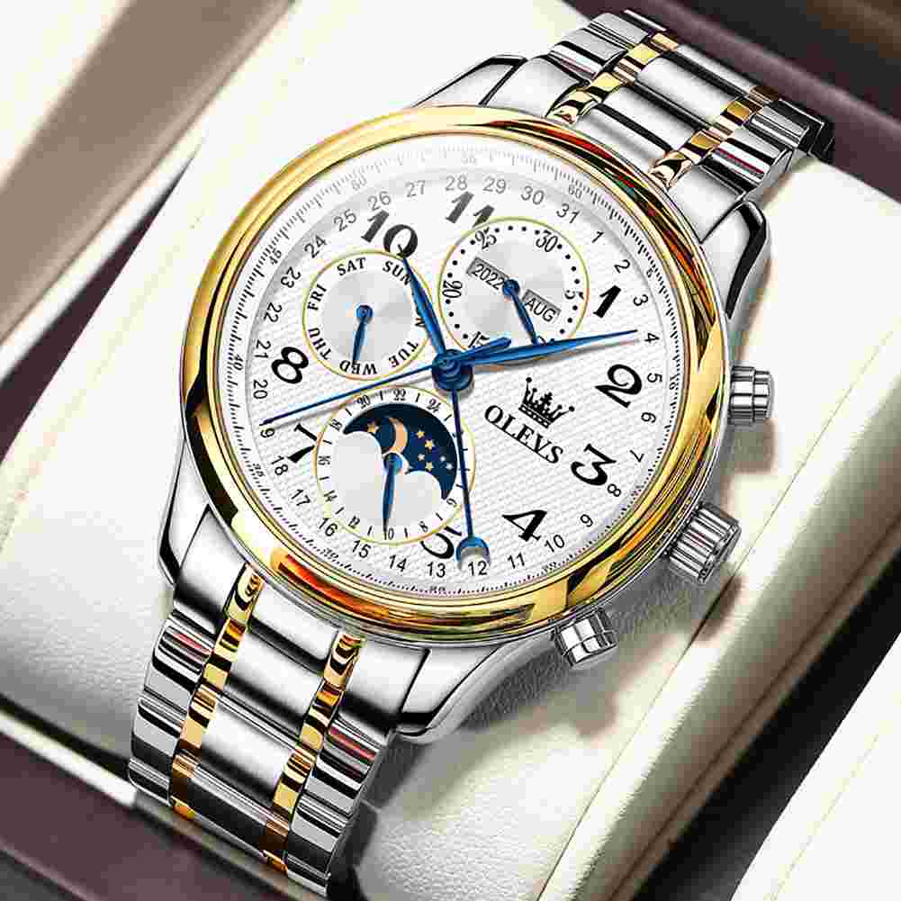 OLEVS 6667 Men's Mechanical Watch With Leather Strap, 3 Sub-Dials, 3ATM Water Resistance, Luminous Hands, Perfect Gift