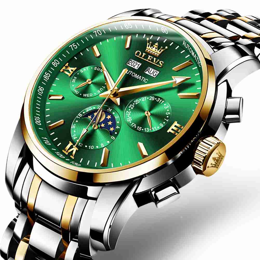 OLEVS 6633 Mens Watches Automatic Luxury Big Face Multi Calendar Stainless Steel Waterproof Luminous Wrist Watch For Men