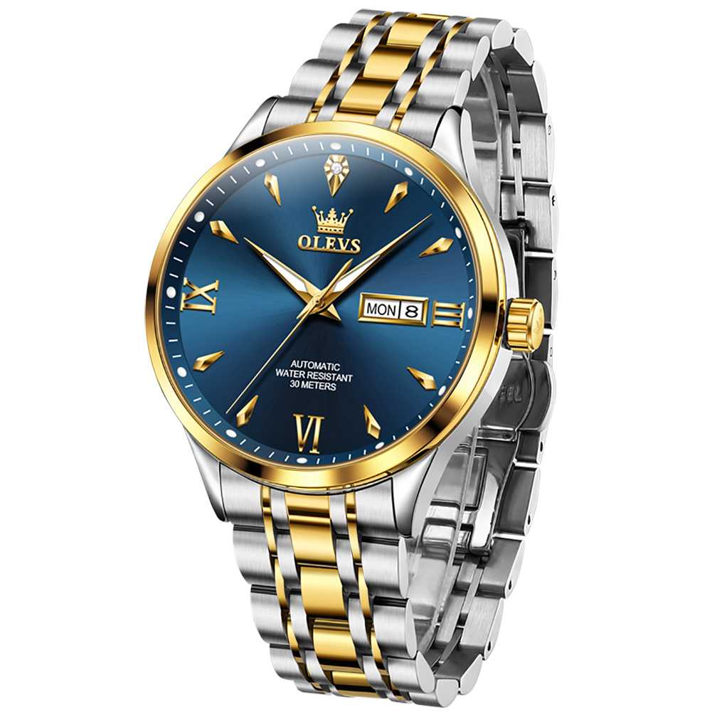 OLEVS 9956 Men's Automatic Self-Winding Mechanical Luxury Business Dress Watch - Stainless Steel, Waterproof, Luminous, Day-Date Feature