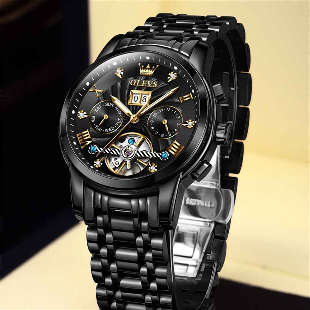 OLEVS 9910 Automatic Watches For Men Gold Luxury Dress Wrist Watch Self Winding Mechanical Skeleton Tourbillon Watch