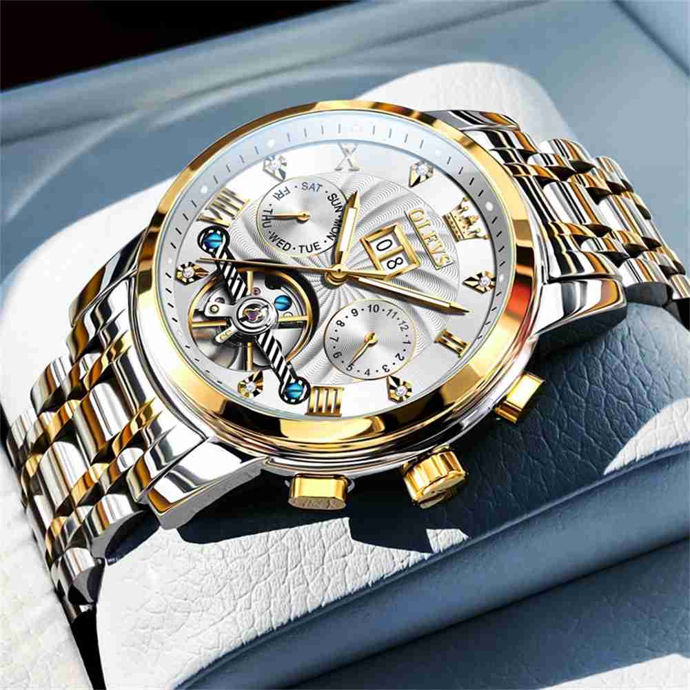 OLEVS 9910 Automatic Watches For Men Gold Luxury Dress Wrist Watch Self Winding Mechanical Skeleton Tourbillon Watch