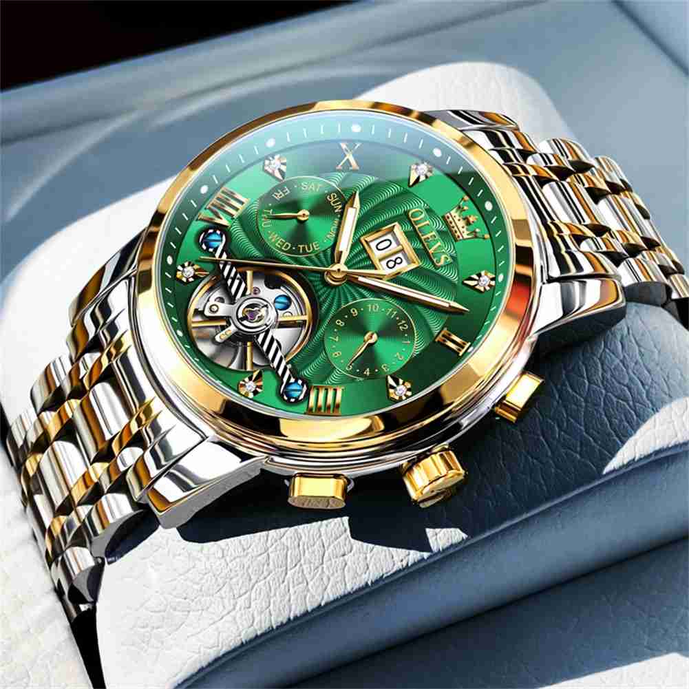 OLEVS 9910 Automatic Watches For Men Gold Luxury Dress Wrist Watch Self Winding Mechanical Skeleton Tourbillon Watch