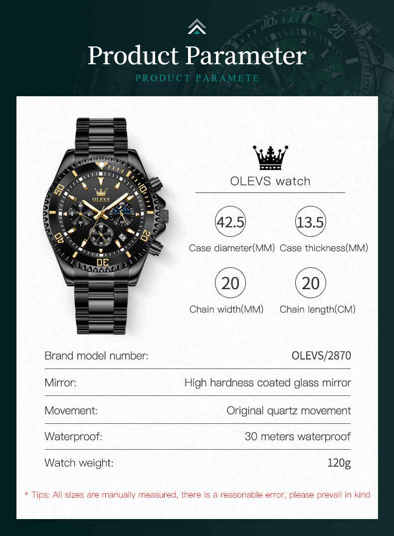 OLEVS 2870 Watch For Men Luxury Casual Dress Wrist Watches Multifunction Big Dial Waterproof Luminous