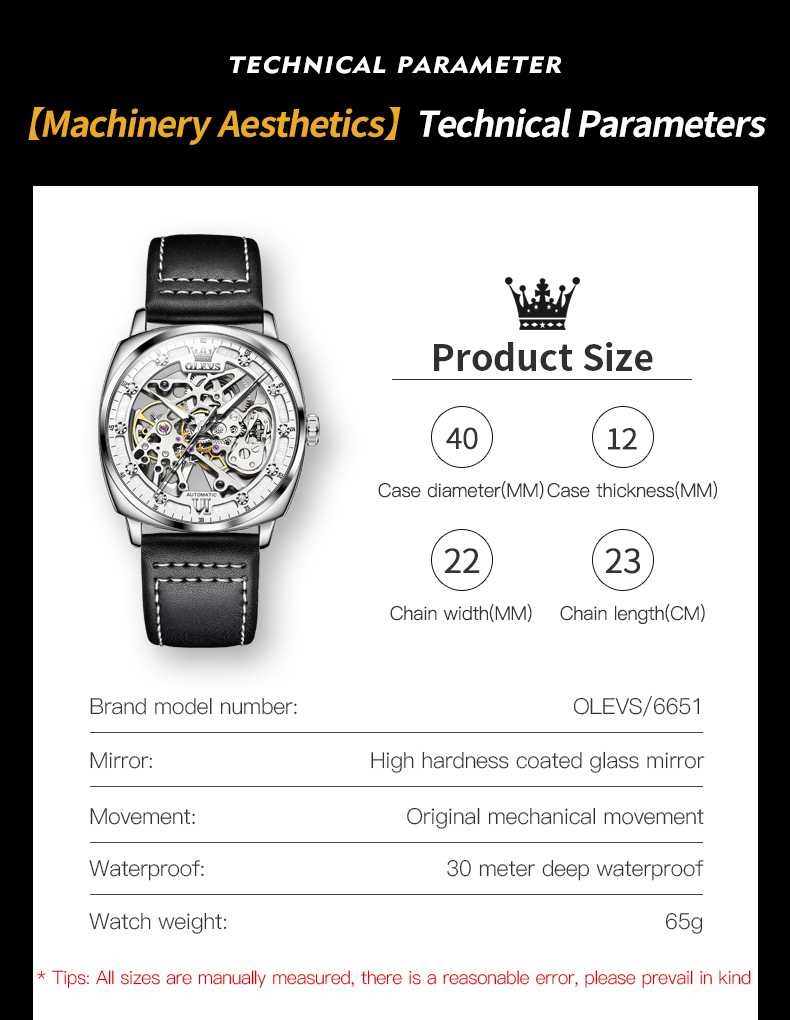 OLEVS 6651 Automatic Skeleton Men's Watches - Self-Winding Mechanics, Luxury Leather Strap, Steampunk Style, Luminous, Waterproof Wristwatches