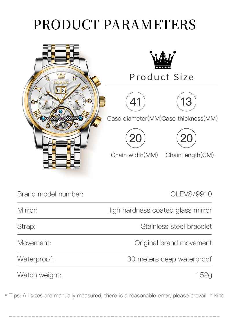 OLEVS 9910 Automatic Watches For Men Gold Luxury Dress Wrist Watch Self Winding Mechanical Skeleton Tourbillon Watch