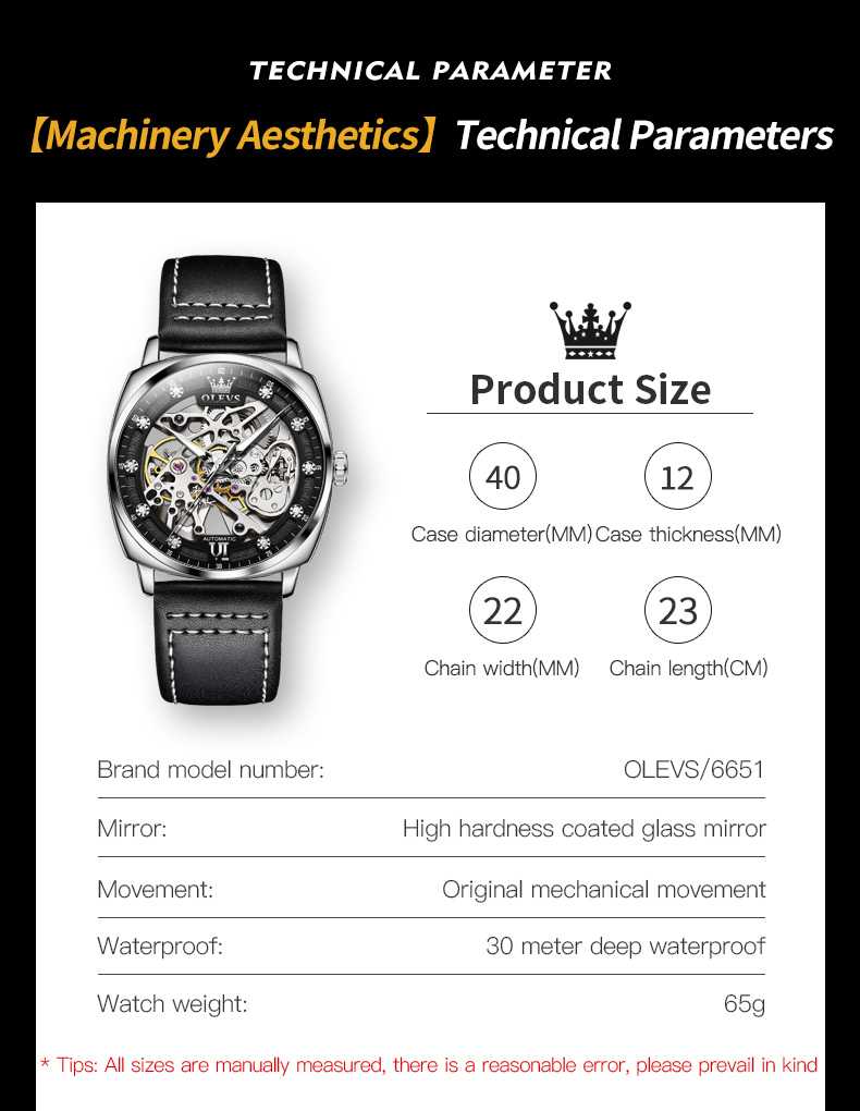 OLEVS 6651 Automatic Skeleton Men's Watches - Self-Winding Mechanics, Luxury Leather Strap, Steampunk Style, Luminous, Waterproof Wristwatches