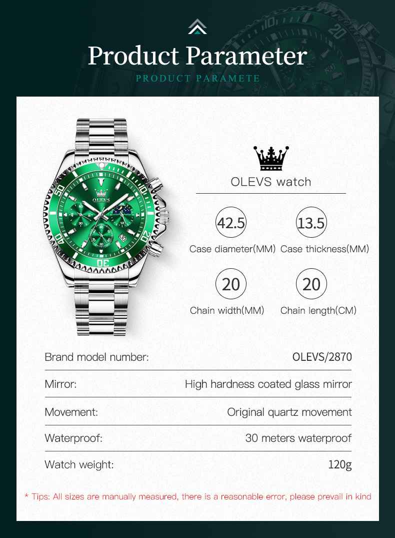 OLEVS 2870 Watch For Men Luxury Casual Dress Wrist Watches Multifunction Big Dial Waterproof Luminous