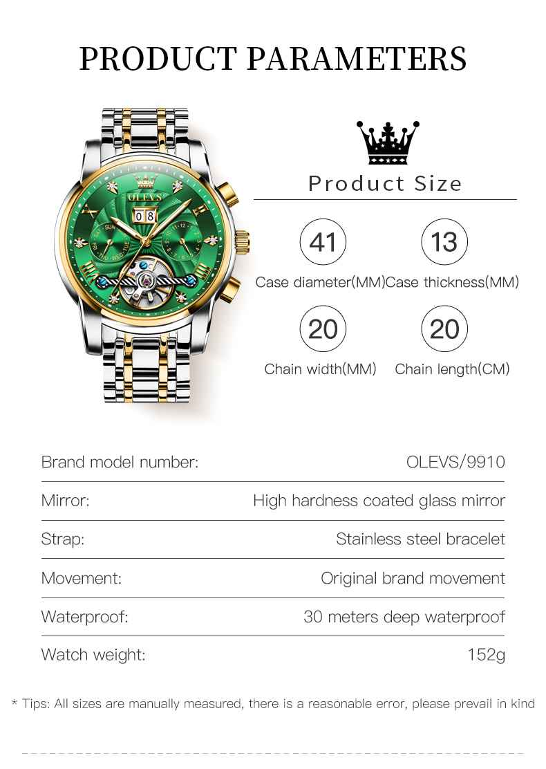 OLEVS 9910 Automatic Watches For Men Gold Luxury Dress Wrist Watch Self Winding Mechanical Skeleton Tourbillon Watch