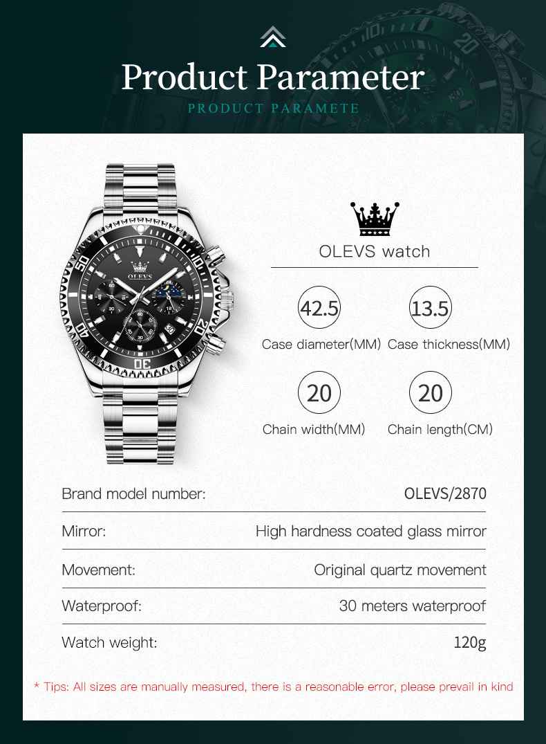 OLEVS 2870 Watch For Men Luxury Casual Dress Wrist Watches Multifunction Big Dial Waterproof Luminous