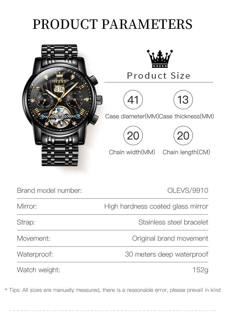 OLEVS 9910 Automatic Watches For Men Gold Luxury Dress Wrist Watch Self Winding Mechanical Skeleton Tourbillon Watch