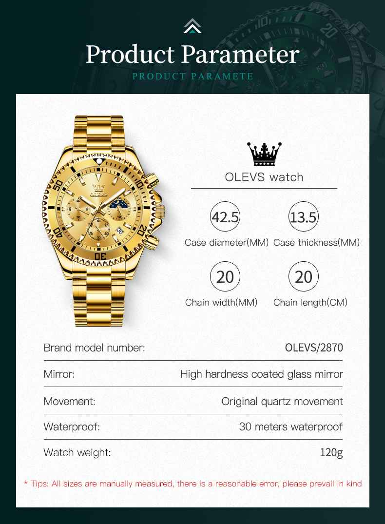 OLEVS 2870 Watch For Men Luxury Casual Dress Wrist Watches Multifunction Big Dial Waterproof Luminous