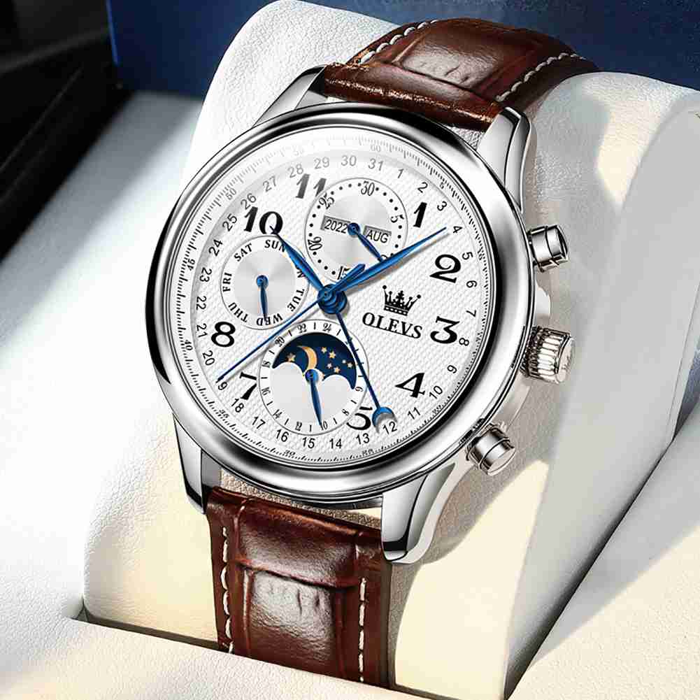 OLEVS 6667 Men's Mechanical Watch With Leather Strap, 3 Sub-Dials, 3ATM Water Resistance, Luminous Hands, Perfect Gift