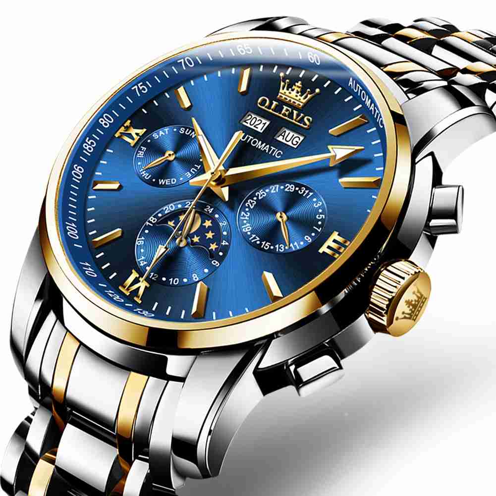 OLEVS 6633 Mens Watches Automatic Luxury Big Face Multi Calendar Stainless Steel Waterproof Luminous Wrist Watch For Men