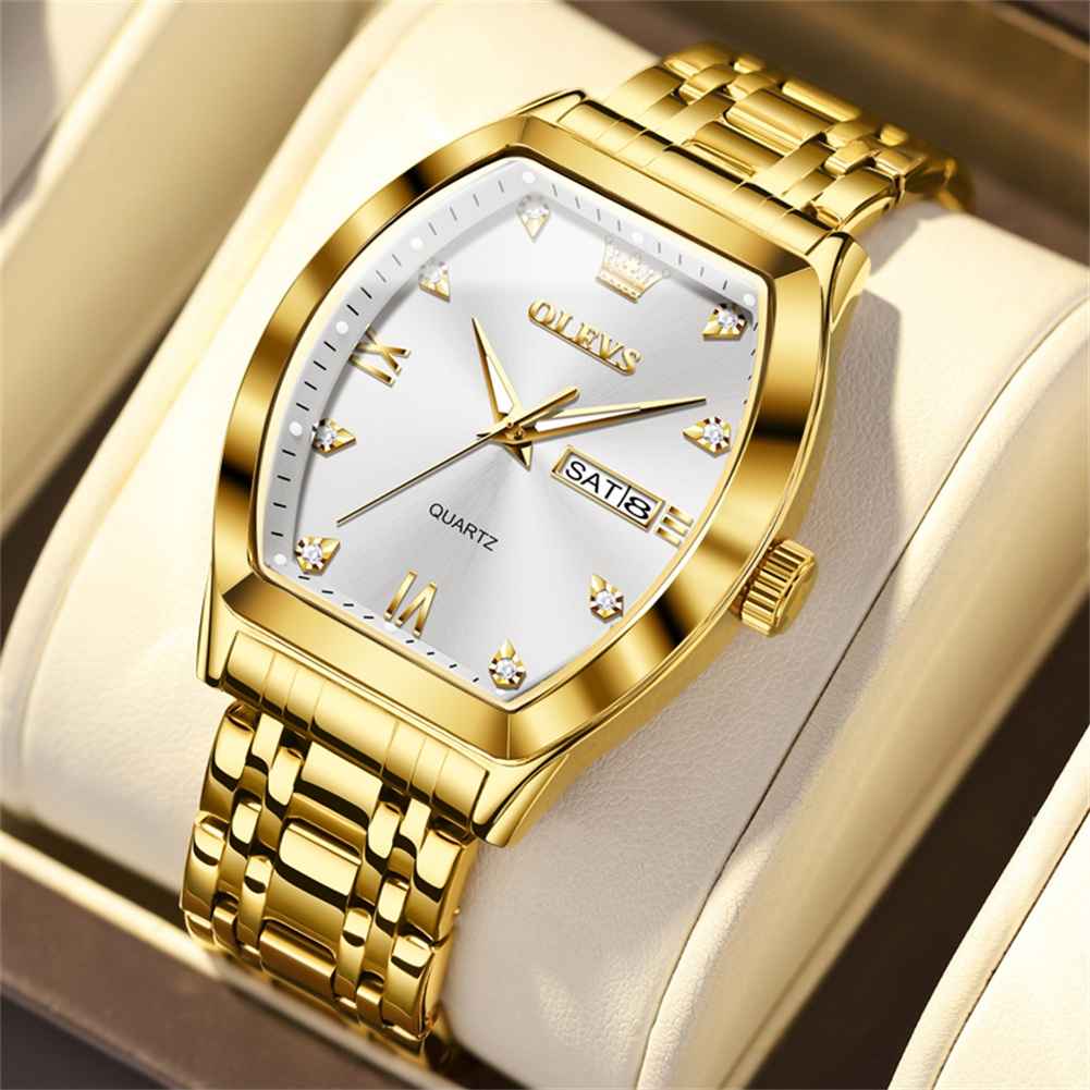 OLEVS 5528 Gold Watch Men Dress Diamond Tonneau Big Face Men Wrist Watch Waterproof Dual Watch Gift