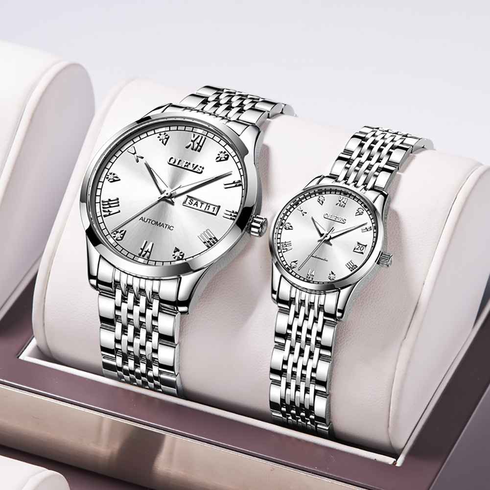 OLEVS 6602 Couple montres son et sa mode Dresse ensemble romantique paire correspondant bracelet en acier inoxydable lumineux étanche montre-bracelet