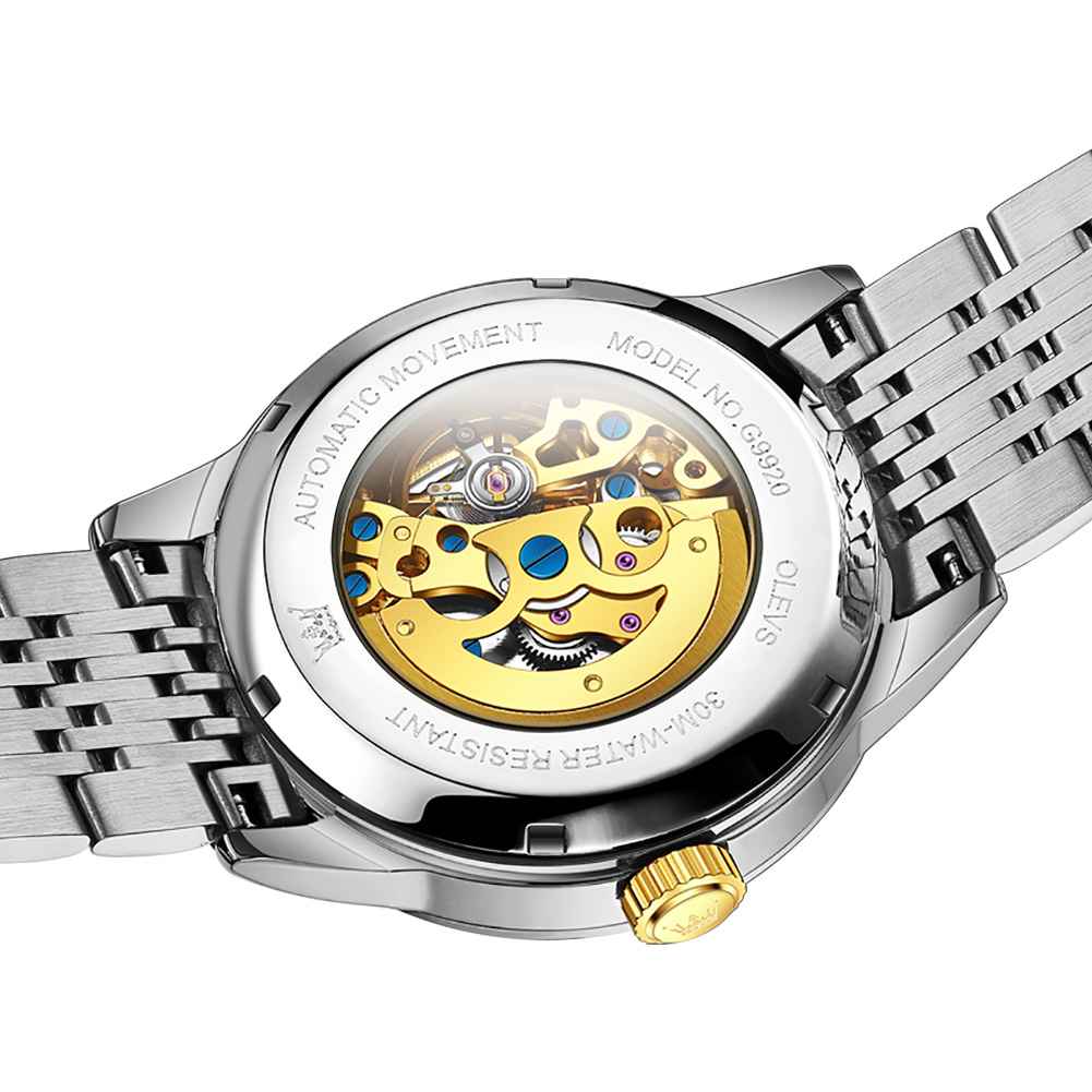 OLEVS 9920 Uhren für Männer Automatische Skelettuhr Mechanische Gold Armbanduhren Business Luxus Diamant Edelstahl Wasserdicht Leuchtend