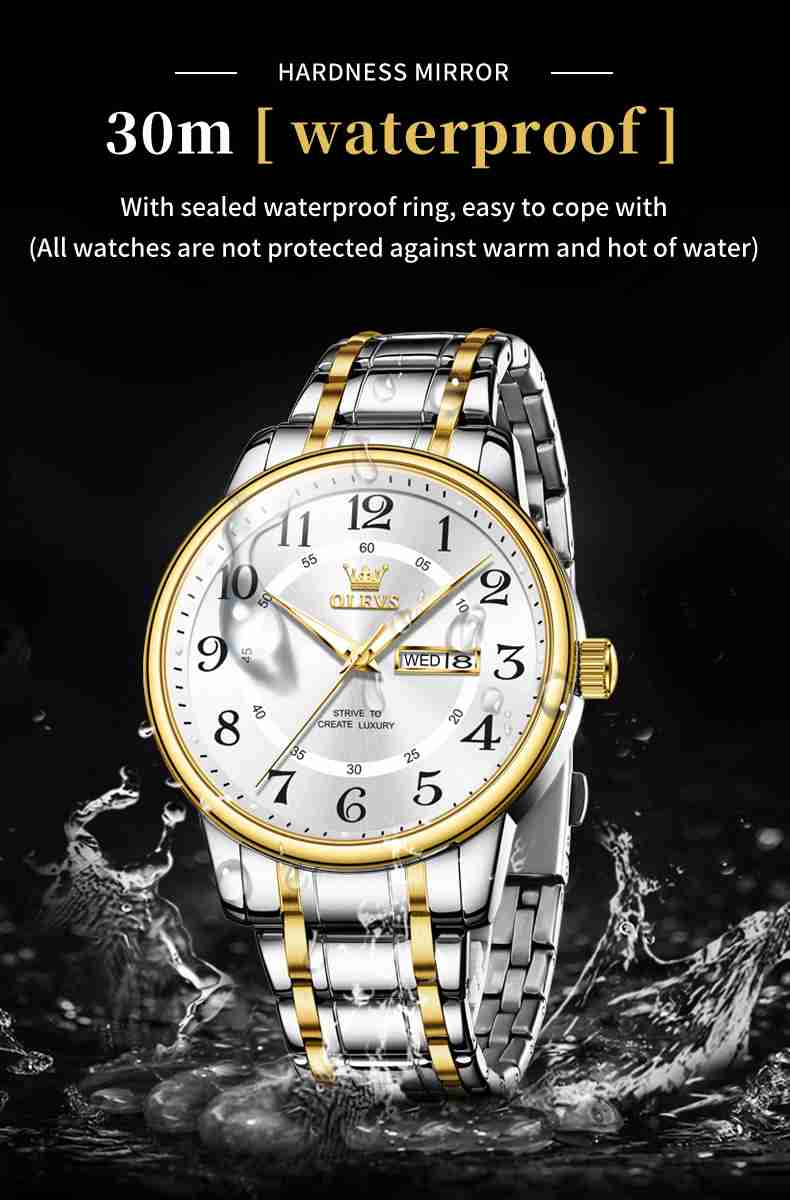 OLEVS 2891 Watch For Men Luxury Dress Analog Quartz Stainless Steel Waterproof Luminous Date Diamond Business Two Tone Casual Wrist Watch